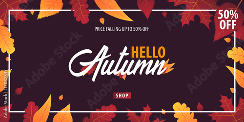 Autumn Background with leaves for shopping sale or promo poster and frame leaflet or web banner. Vector illustration template.