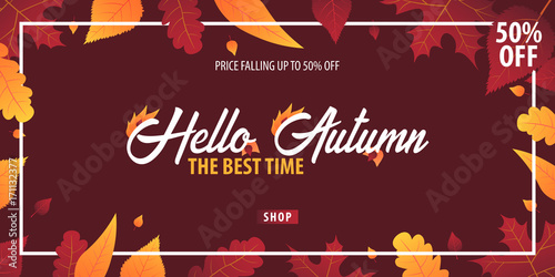 Autumn Background with leaves for shopping sale or promo poster and frame leaflet or web banner. Vector illustration template.