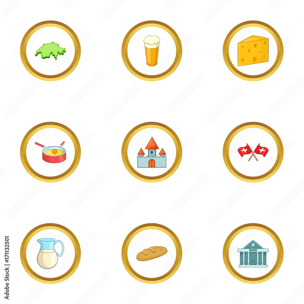 Switzerland tourism icons set, cartoon style Switzerland tourism icons set, cartoon style