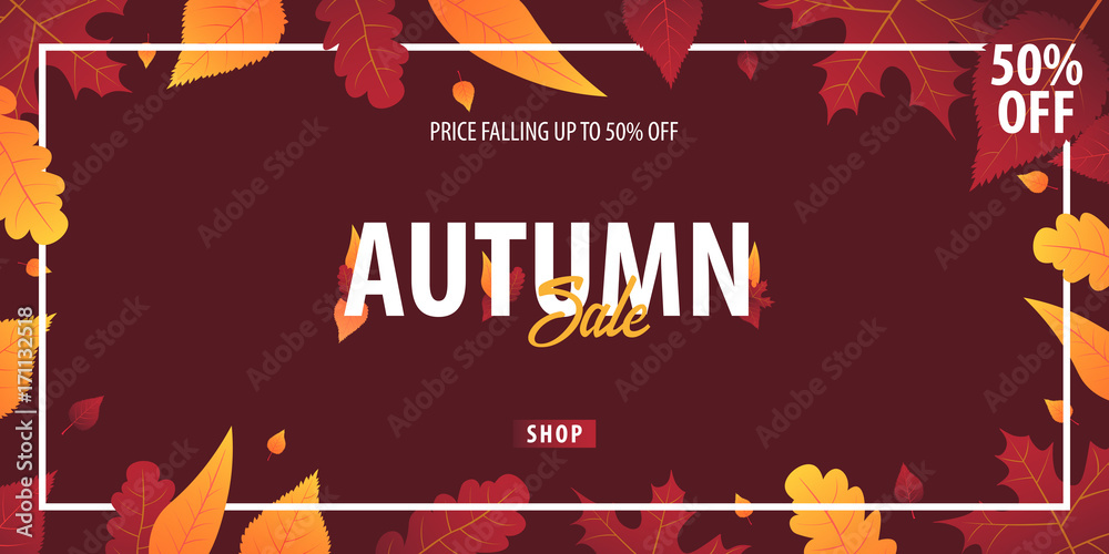Obraz premium Autumn Background with leaves for shopping sale or promo poster and frame leaflet or web banner. Vector illustration template.