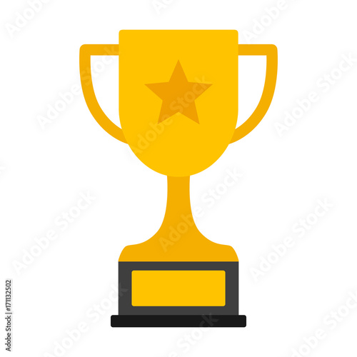 Gold achievement trophy with star for winning championship flat vector icon or illustration