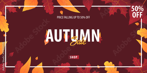 Autumn Background with leaves for shopping sale or promo poster and frame leaflet or web banner. Vector illustration template.