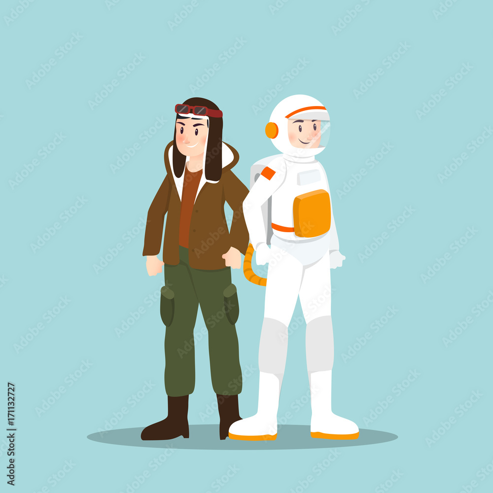 Pilot and astronaut in different character on sky blue background Pilot and astronaut in different character on sky blue background