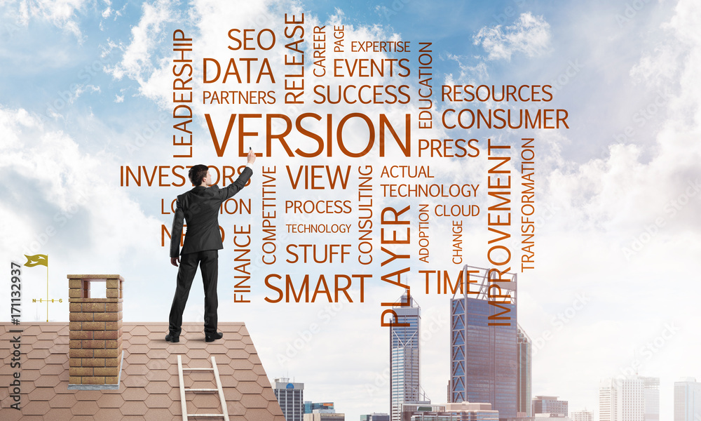 Young businessman standing on house roof and writing leadership skill concept. Mixed media Young businessman standing on house roof and writing leadership skill concept. Mixed media