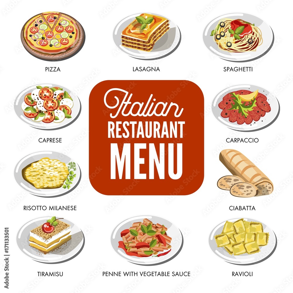 Italian food cusine dishes pizza, pasta, meat and dessert vector icons set Italian food cusine dishes pizza, pasta, meat and dessert vector icons set