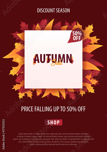 Autumn Background with leaves for shopping sale or promo poster and frame leaflet or web banner. Vector illustration template.