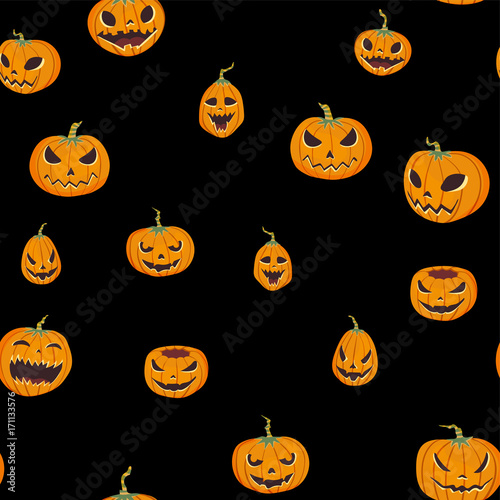 Seamless halloween pattern with carved pumpkinst. Jack-o-lantern. Vector illustration, isolated on black background. Fabric print design.