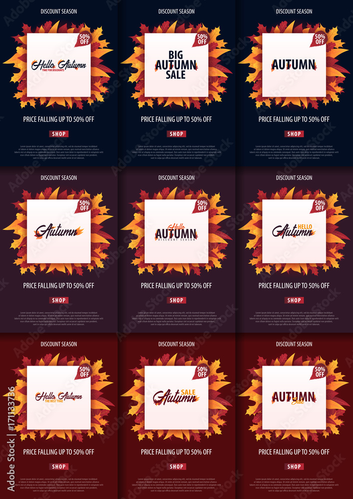 Set of Autumn Background with leaves for shopping sale or promo poster and frame leaflet or web banner. Vector illustration template.
