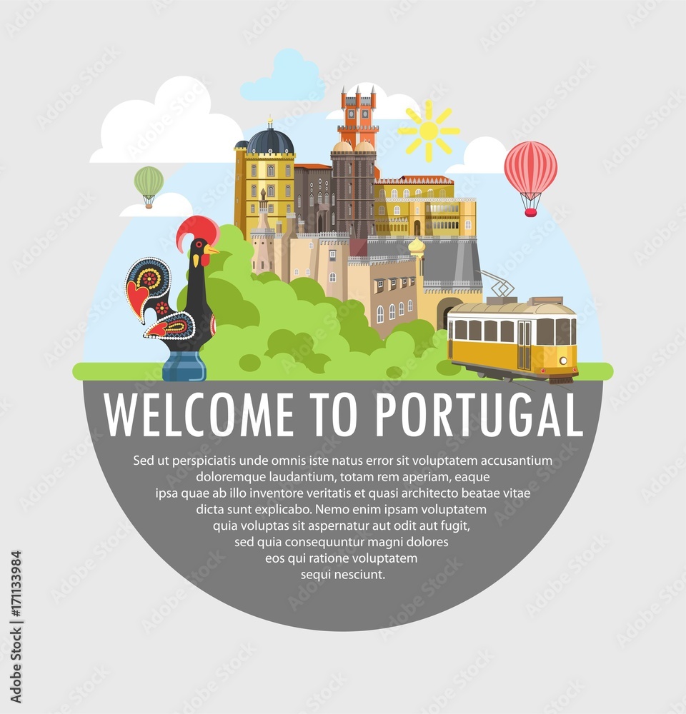 Welcome to Portugal travel tourism poster template vector Lisbon tourist landmarks attractions