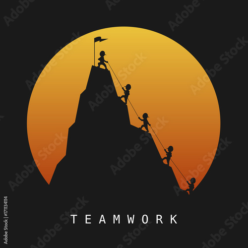 Leader help their friend to climb to the top of the mountain. Vector illustration.
