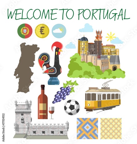Portugal travel tourism welcome poster template vector Lisbon Porto tourist landmarks attractions