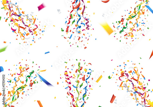 Exploding colorful confetti and streamer background Vector