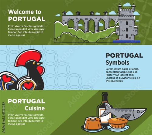 Portugal travel tourism symbols banners of Portuguese vector tourist landmarks attractions