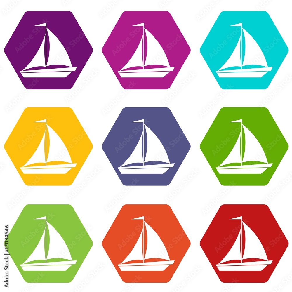 Boat with sails icon set color hexahedron