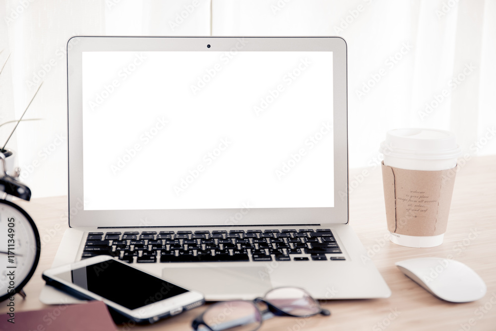 Laptop with smart phone notebook and coffee cup Laptop with smart phone notebook and coffee cup