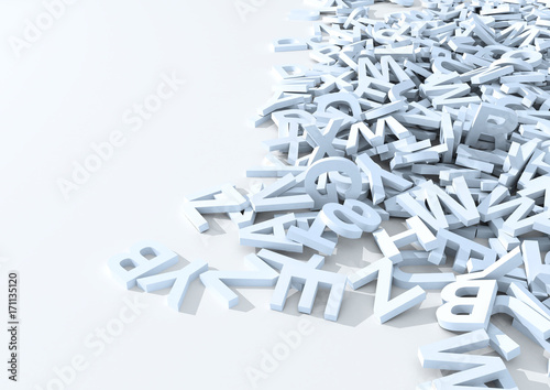 White letters. 3D Illustration. Infinite letters background.