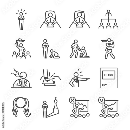 Boss line icon set. Included the icons as leader, team, bossy, command, manager, chief and more.