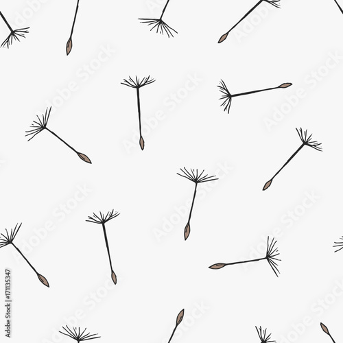 Simple seamless pattern with flying dandelion seeds or achenes on pappuses drawn on white background