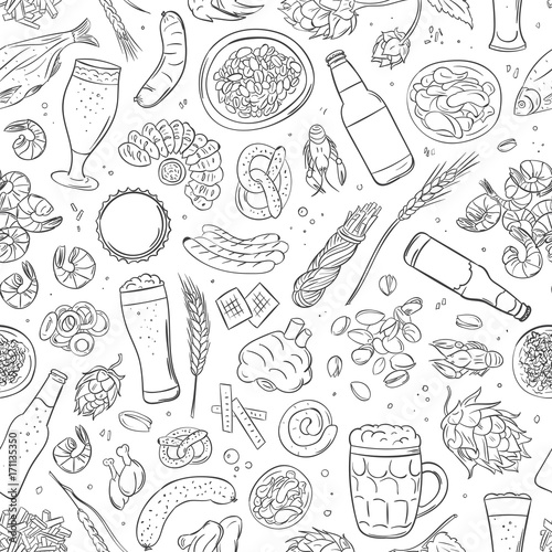 Seamless hand drawn pattern with Beer attributes. Beer theme for greeting card, wrapping paper, textiles, menu, restaurant. Vector illustration.