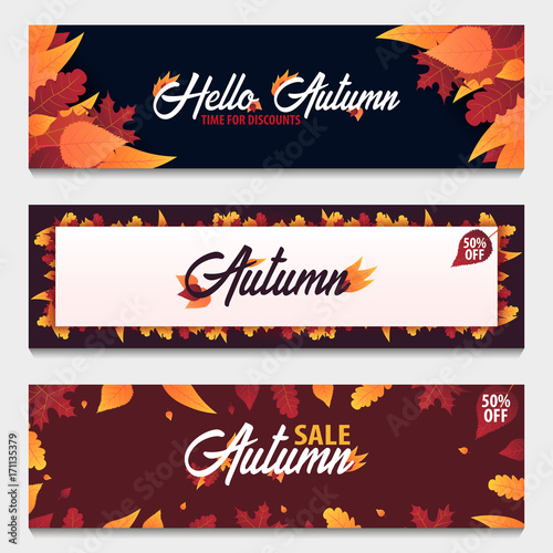 Set of Autumn Background with leaves for shopping sale or promo poster and frame leaflet or web banner. Vector illustration template.