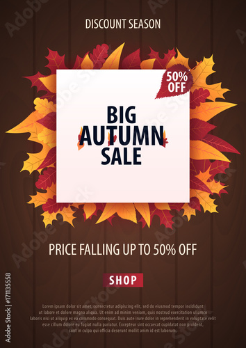 Autumn Background with leaves for shopping sale or promo poster and frame leaflet or web banner. Vector illustration template.