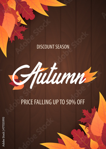 Autumn Background with leaves for shopping sale or promo poster and frame leaflet or web banner. Vector illustration template.