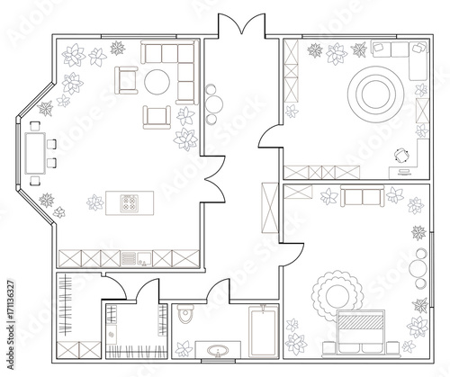 Abstract vector plan of one-bedroom apartment