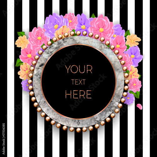 Card with marble texture, black lines and flowers. Abstract modern background. Vector template for card, invitation, vip, flyer, logo, brochure. Good for stylist, designer, makeup artist, photographer