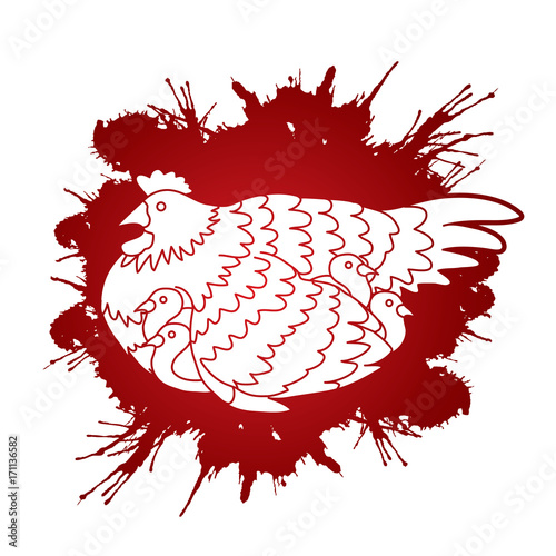 Hen with chicken designed on splash ink background graphic vector.