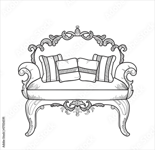 Classic ornamented couch Vector illustration line art