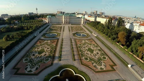 Aerial view. Vein. Vienna. Wien. Belvedere. The palace complex. Austria. Shot in 4K (ultra-high definition (UHD)).
