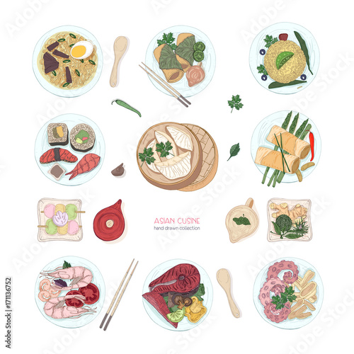 Collection of hand drawn colorful dishes of Asian cuisine isolated on white background. Delicious meals and snacks, traditional food of Asia - ramen noodles, dumplings, sushi. Vector illustration.