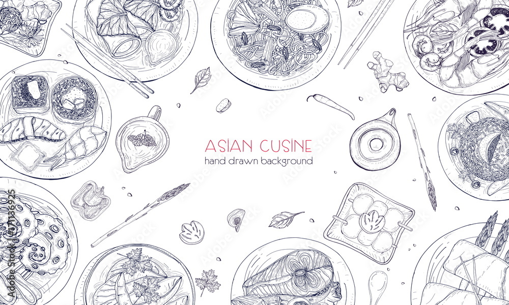Elegant monochrome hand drawn background with traditional Asian food, detailed tasty meals and snacks of oriental cuisine - wok noodles, sashimi, gyoza, fish and seafood dishes. Vector illustration.