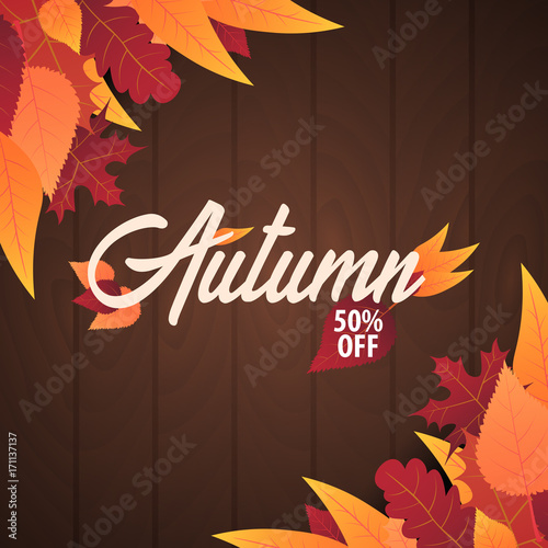 Autumn Background with leaves for shopping sale or promo poster and frame leaflet or web banner. Vector illustration template.