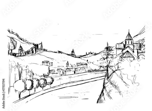 Rough draft of small Georgian town street, buildings and trees against mountains on background. Landscape with settlement located near hills hand drawn in monochrome colors. Sketch vector illustration
