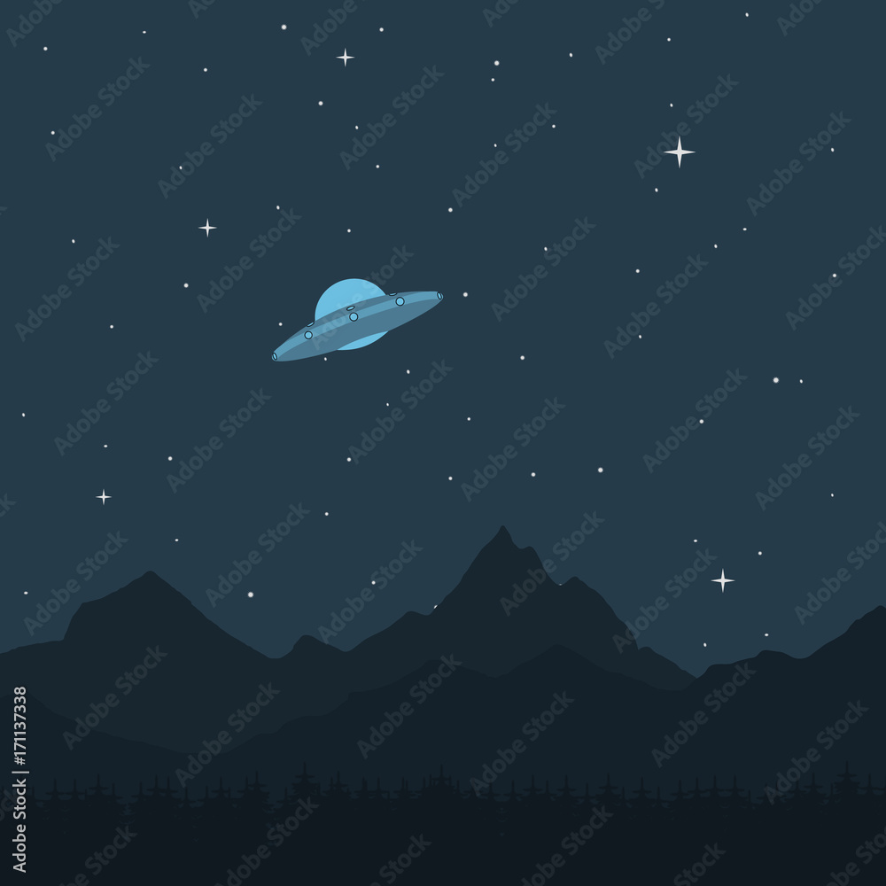 Fototapeta premium UFO. A spaceship in the background of a mountain