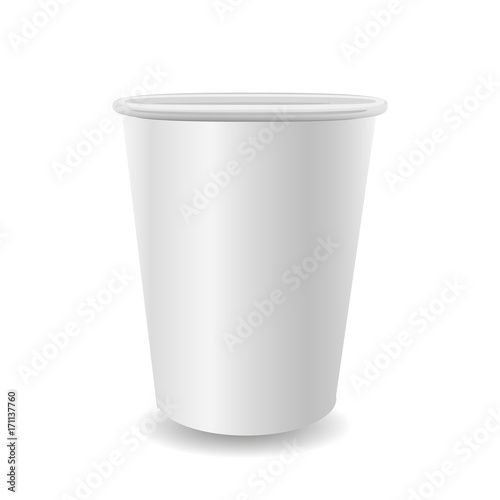 Realistic paper coffee cup on white background.