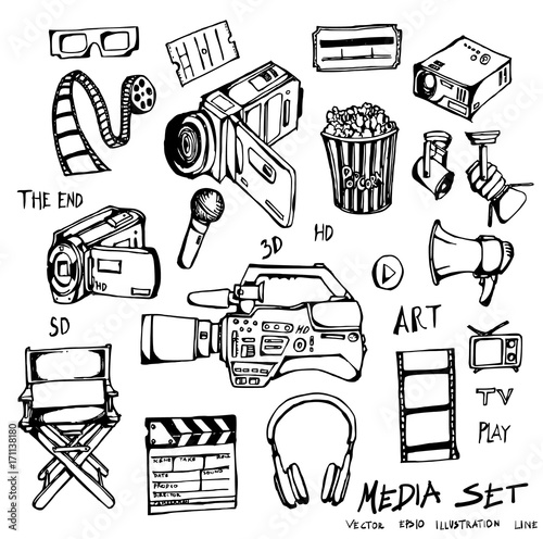 Set of media cinema movie doodle illustration Hand drawn Sketch line vector eps10