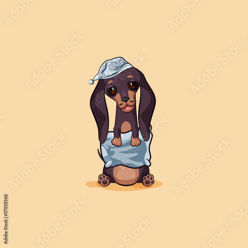 Vector stock illustration emoji of cartoon character dog talisman, phylactery hound, mascot pooch, bowwow dachshund sticker emoticon German badger-dog sleepy with pillow emotion design photo