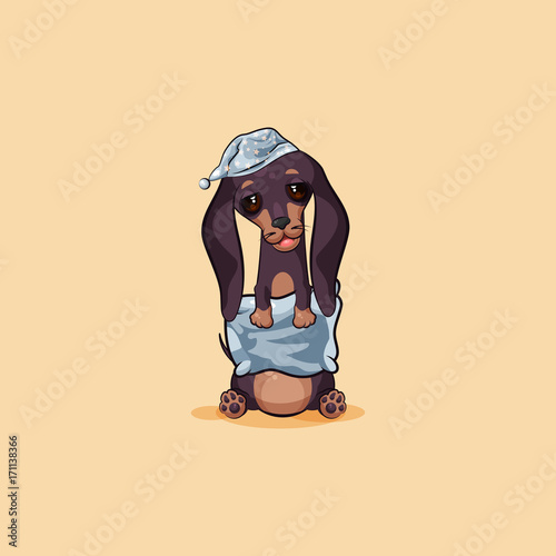 Vector stock illustration emoji of cartoon character dog talisman, phylactery hound, mascot pooch, bowwow dachshund sticker emoticon German badger-dog sleepy with pillow emotion design