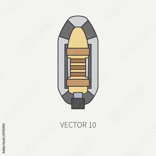Line flat color vector fisher and camping icon inflatable rubber boat. Fisherman equipment. Retro cartoon style. Holiday travel. Spinning. Bait. Illustration and element for your design and wallpaper.