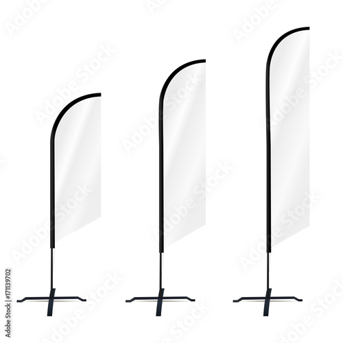 Set of promotional flags banner mockup. Blank advertising vertical flag isolated on white background. Vector illustration 