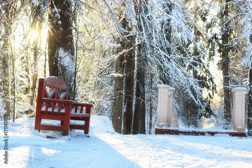 wood bench in winter