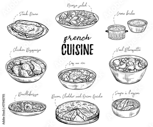 French cuisine. Collection of delicious food. Isolated elements. Concept design for decoration restaurants, menu. Vintage hand drawn vector illustration