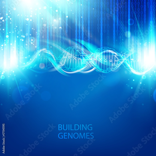 Abstract binary code on blue background of Matrix style. Science concept of DNA illustration with bigdata visualization. Vector illustration.