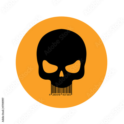 Icono plano codigo de barras craneo en circulo naranja
