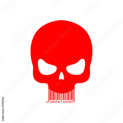 Icono plano codigo de barras craneo rojo en fondo blanco