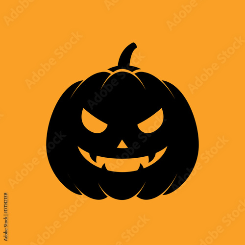 Icono plano silueta calabaza Halloween negro en fondo naranja