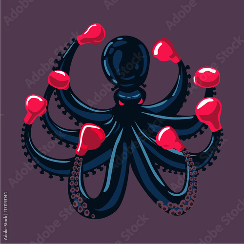 Octopus boxer. Sport mascot animal cartoon illustration. Tentacles with boxing gloves