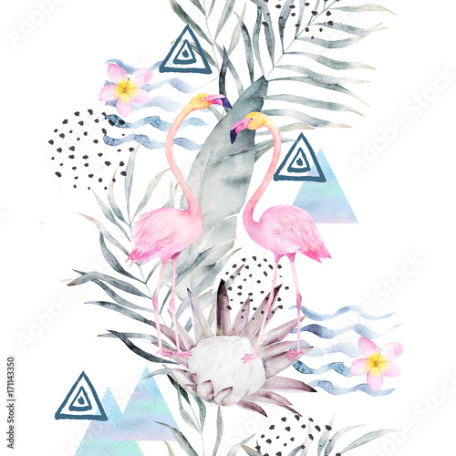 Watercolor summer pattern. Abstract tropical print with geometrical elements. Hand drawn illustration